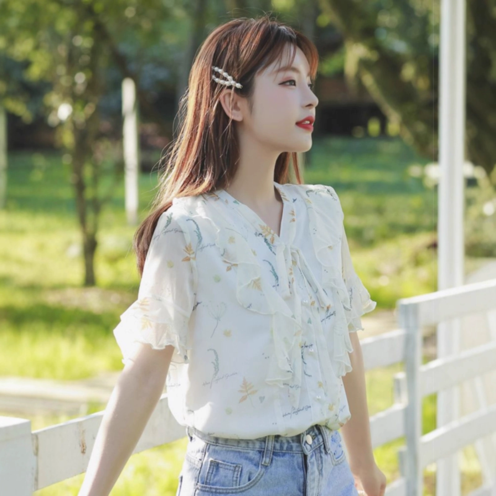 Шифоновая рубашка женская с короткими рукавами, новинка лета 2025, тонкий топ с короткими рукавами и цветочным принтом, маленькая рубашка, шифоновый топ для женщин