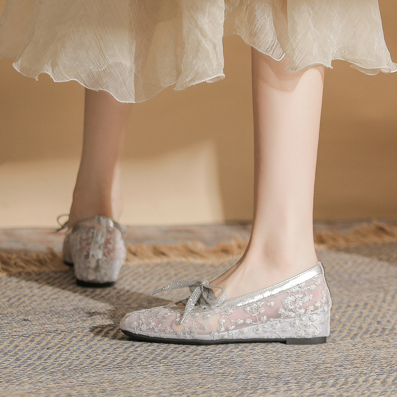 Sandal cao gót nữ ren lưới hở mũi phong cách Pháp — Champagne màu