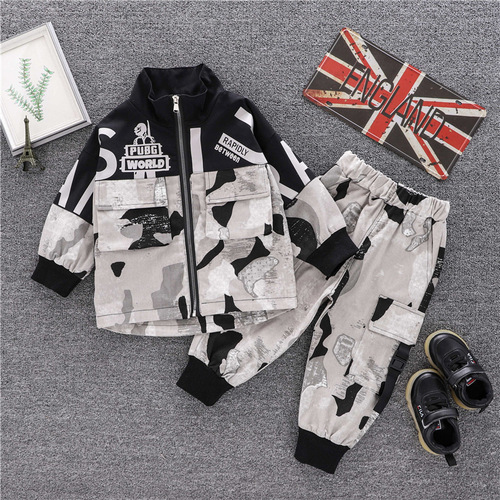 Children's Camouflage Two-Piece Set, Small Boys' Stand Collar Autumn Wear, New Casual Children's Clothing, Letter Zipper Suit for Kids
