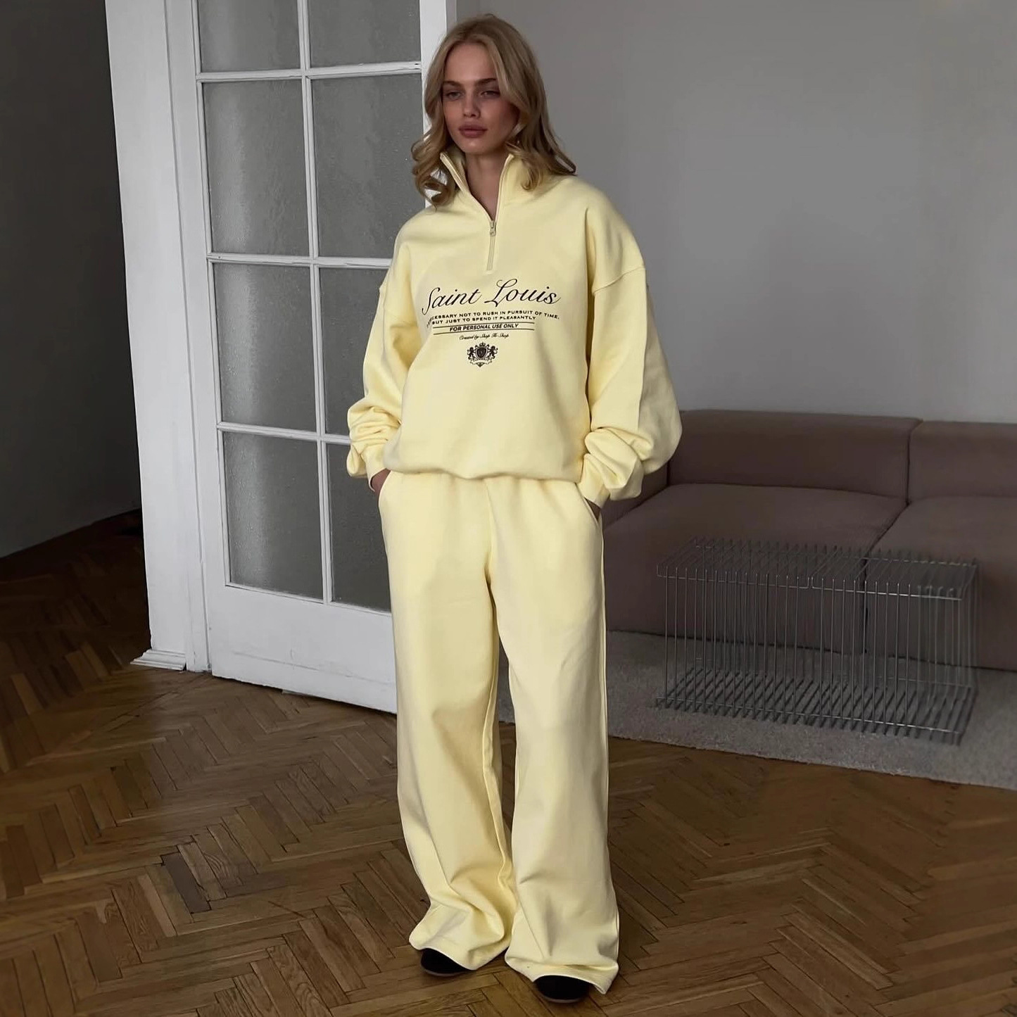 Unisex Oversized Letter Print Half-Zip Sweatshirt & Straight-Leg Joggers Set (95% Organic Cotton, Gender-Neutral Streetwear, Minimalist Aesthetic)_voghion.com