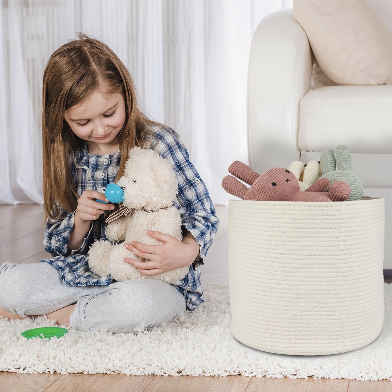 Girls, Boys and Children's Cotton Rope Storage Basket Laundry Basket Round Woven Basket Cross-Border Popular Handmade Blue