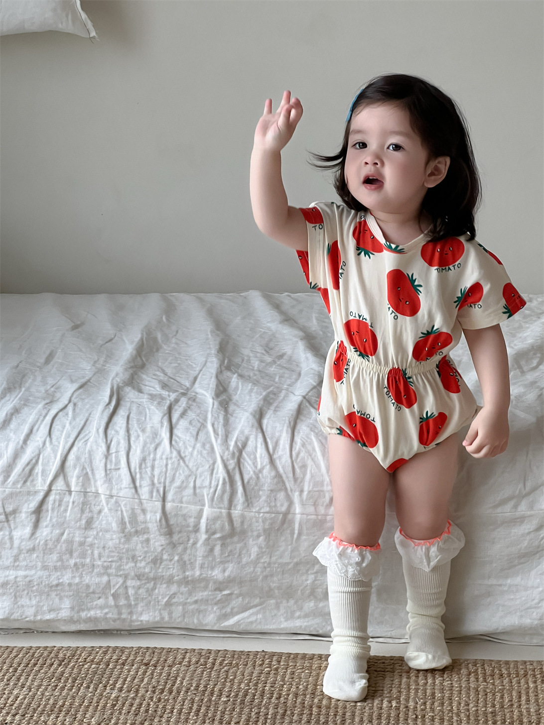 Ropa de verano para niñas, ropa de verano delgada, 2025, nuevo bebé, bolso de tomate, pedo, bebé, ropa para niños coreanos de una pieza
