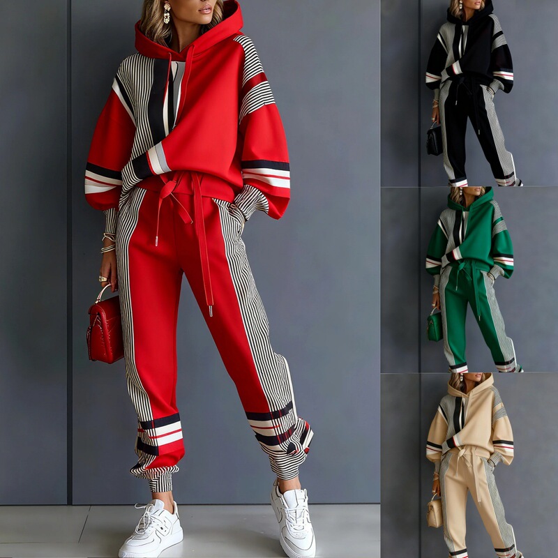 European and American Cross-Border 2025 Amazon Independent Site Autumn and Winter New Color-Blocking Hooded Casual Sweatshirt and Pants Set