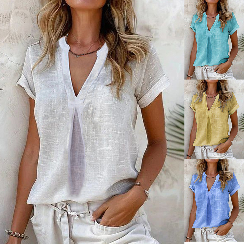2025 European and American Foreign Trade Women's Clothing Amazon Wish Tops Solid Color V-Neck Short-Sleeved Summer New Shirts
