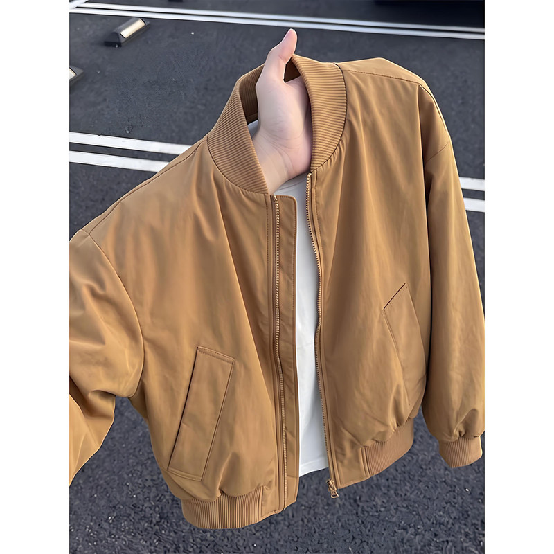 Brown American-style short bomber jacket for men, new trendy spring and autumn stand-up collar baseball jacket, workwear coat