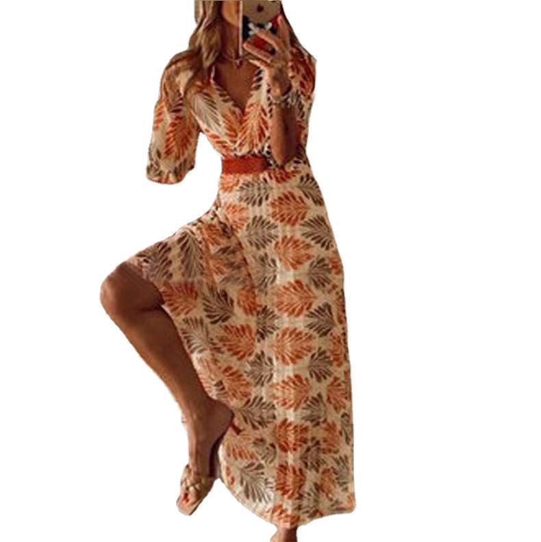 여름 아마존 여성의 새로운 V-넥 인쇄 접이식 휴가 해변 긴 원피스 대형 원피스 플러스 벨트