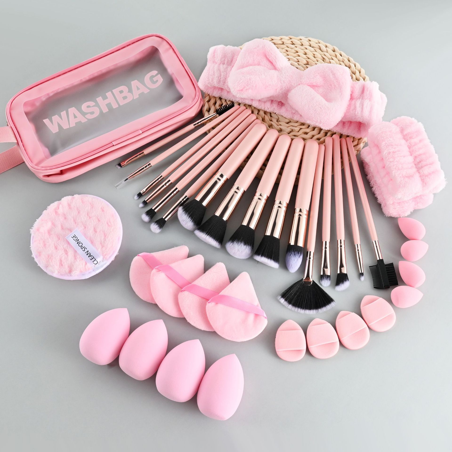 Amazon rosa 53 piezas de maquillaje lavado facial correa de cabello arco correa de cabello rosa esponja huevo cojín de aire