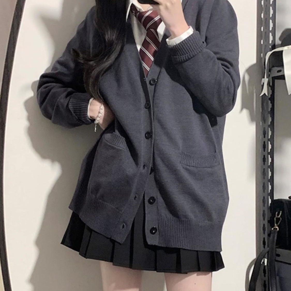 Jk Sweater Knitted Cardigan Jacket Women's Spring & Fall Japanese Style Preppy Style Loose Uniform Top Women's Sleeveless Style Moderate