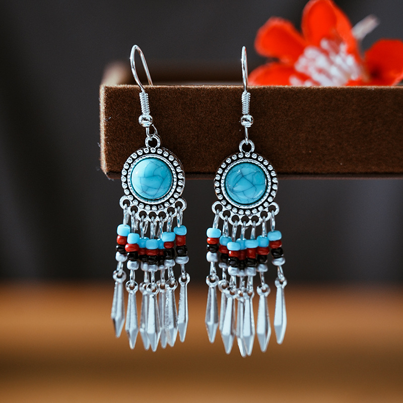 1 Pair Ethnic Style Color Block Inlay Alloy Turquoise Drop Earrings display picture 4