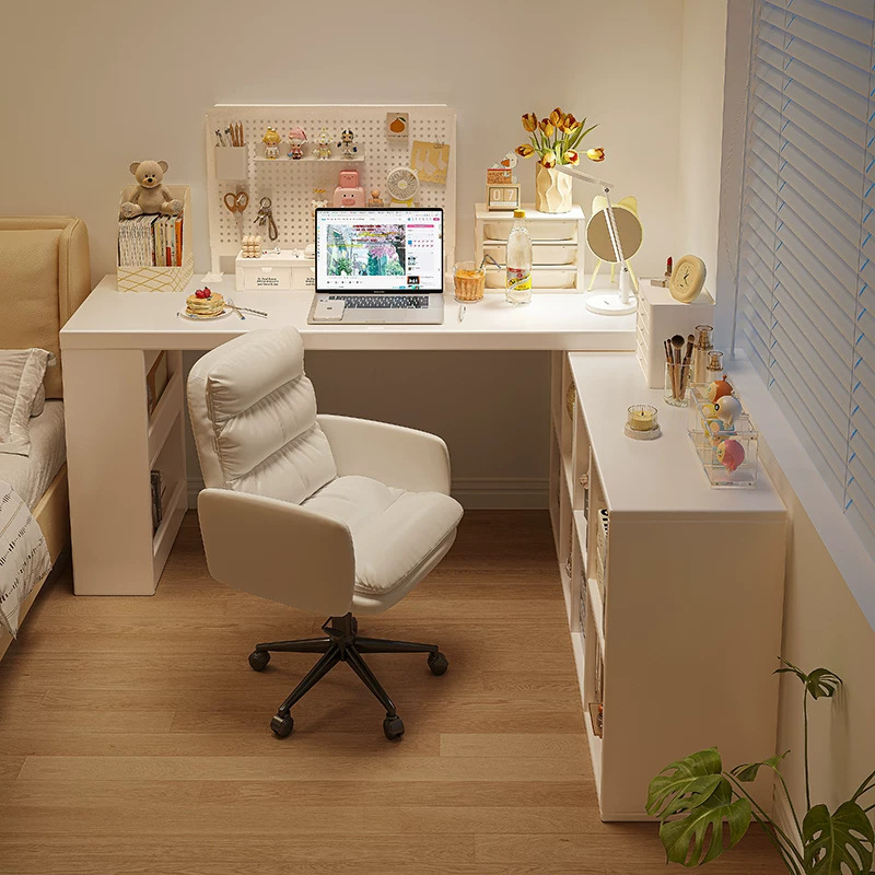 Corner desk with bookshelf and cabinet, integrated table for home bedroom, cream-style dressing table, solid wood L-shaped corner office desk Corner desk with bookshelf and cabinet, integrated table for home bedroom, cream-style dressing table, solid wood L-shaped corner office desk