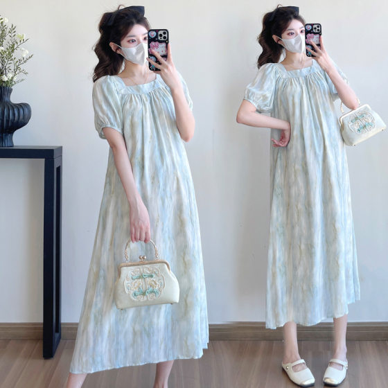 Real Shot in stock, Maternity dress New Mid-length Over-the-knee Loose Fashion Slim Belly Covering Maternity Dress