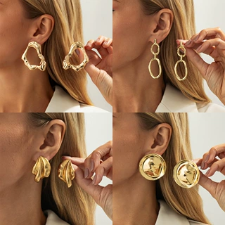 欧美跨境饰品 时尚不规则几何镂空耳钉 个性液态金属合金Earring