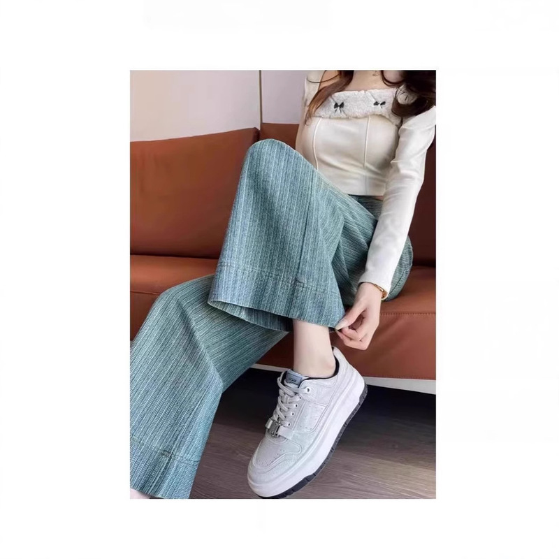 New Wide-Leg Ribbed Jeans for Women, Light-Colored, High-Waisted, Slimming, Loose Fit, Pear-Shaped Body, Casual Wide-Leg Pants