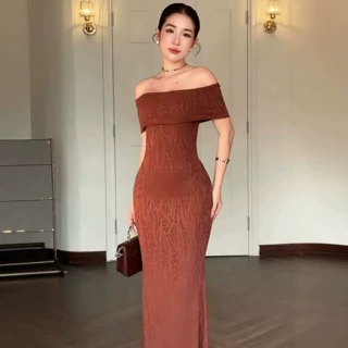 跨境欧美2026女春秋季新款一字领长款收腰连衣裙显瘦包臀气质长裙