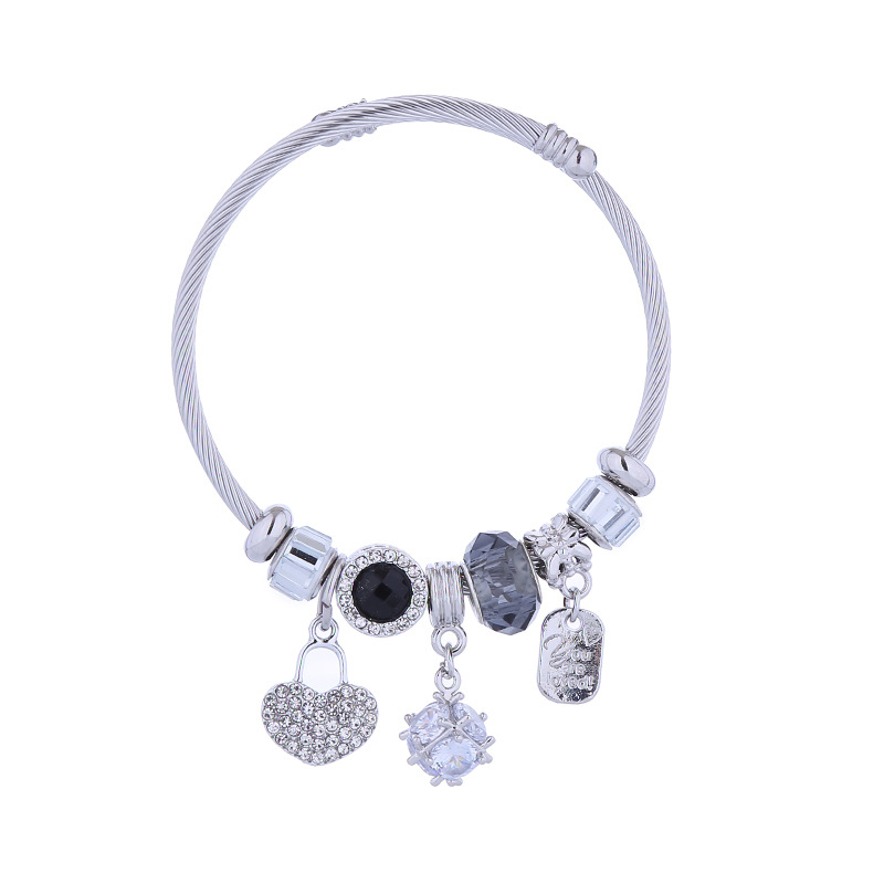 Pandora Style Heart Lock Bracelet Alloy Diamond Encrusted Bangle_voghion.com
