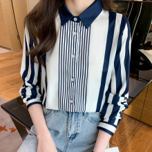 春季新款洋气休闲春季新款女装翻领条纹雪纺衫上衣