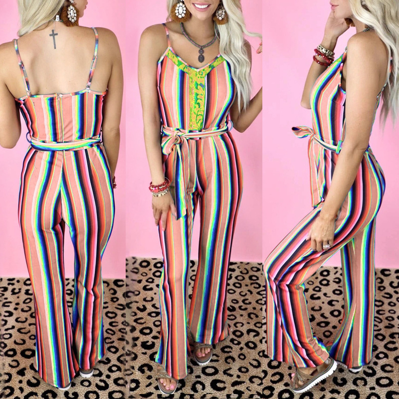 color stripe printing halter high waist lace-up jumpsuit nihaostyles clothing wholesale NSZH80671