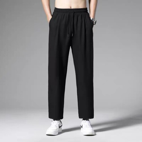 Summer Ice Silk Thin Workout Straight Casual Pants for Men Pure Color Loose Elastic Work Long Pants