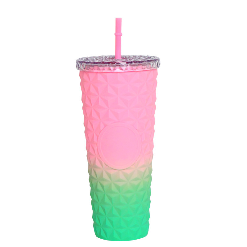 プラスチックカップ新型二重クリエイティブグラデーションマーメイドテールストローカップドリアンカップメッキカラースパンコールカップ|undefined