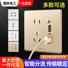 国际电工墙壁带USB插座工地开关插座 16A多孔四孔五孔5孔插座面板