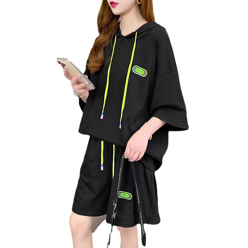 2026 Summer Plus Size 150kg Fashionable Versatile Casual Hooded Internet Celebrity Short Sleeve Shorts Two-Piece Set For_ecoleips.com