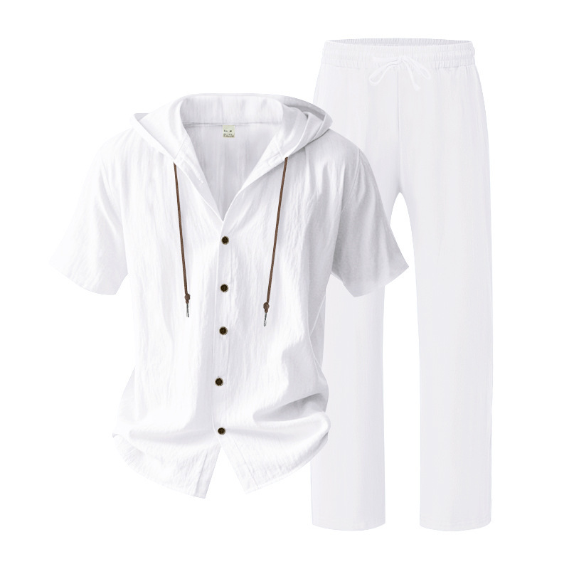 Herren Sommer Leinen Set Kurzarmhemd Und Hose Im Casual Style_voghion.com