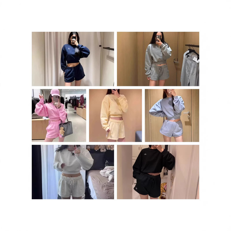 In Stock: New Spring/Autumn Alo Short Sweatshirt with 3D Logo, Round Neck, Long Sleeves + Drawstring Shorts, Slimming Women's Style