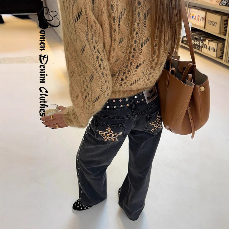 European and American Cross-Border 2025 New Spring and Summer Women's Fashion Casual Loose High-Waisted Wide-Leg Star-Encrusted Design Jeans