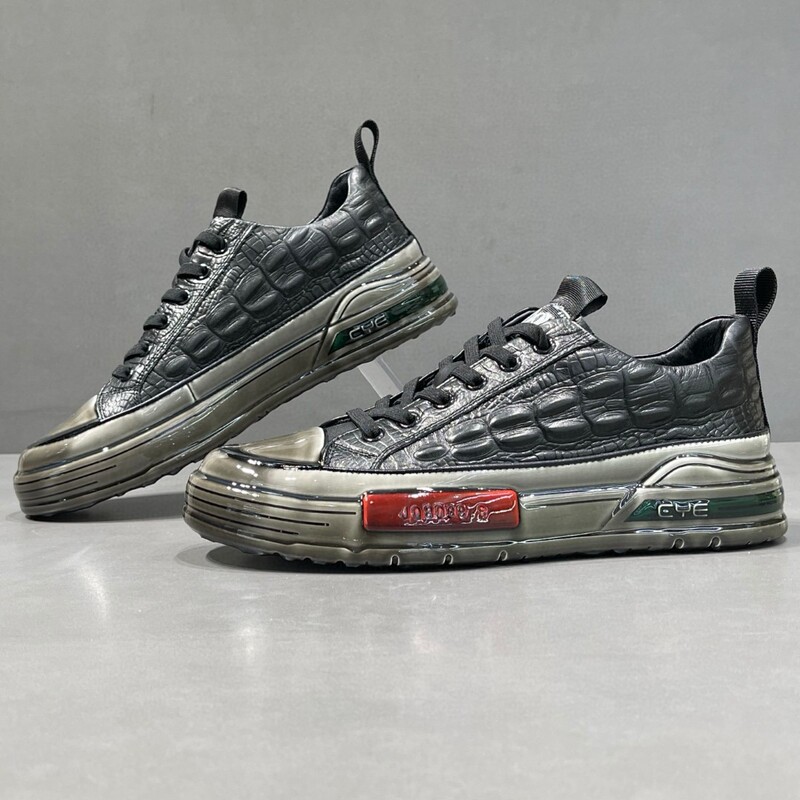 Men's High-End Genuine Leather High-Top Sneakers, Men's Trendy Versatile Shoes, Niche Light Luxury Embossed Crocodile Pattern Casual Shoes
