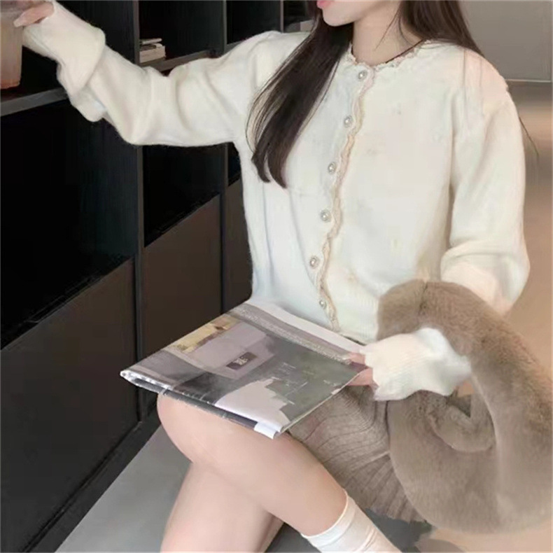 2024春秋新款拼色蕾丝拼接针织开衫女宽松设计感短毛衣外套上衣潮详情24