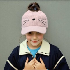 女童帽子秋冬季新款针织保暖可爱猫咪宝宝加厚毛线儿童空顶鸭舌帽