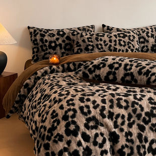 Winter Thickened Rabbit Plush Leopard Four-piece Set Thickened Warm Milk Velvet Bed Sheet Quilt Cover Coral Fleece Mattress