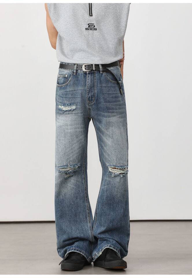 Quần jean nam ống loe nhẹ rách gối phong cách retro, dáng rộng ống suông tôn dáng, quần dài casual — Xanh nhạt, Xanh đậm chi tiết 16
