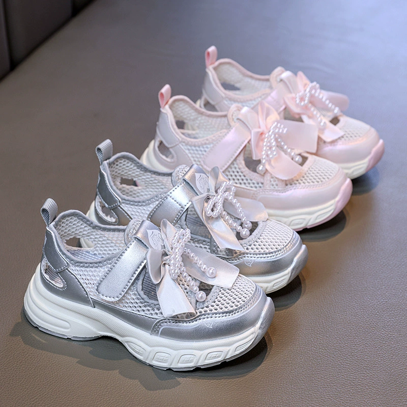 Детские спортивные сандалии для девочек лето 2025, новые, с бантиком, дышащие, сетчатые, повседневные, модные.