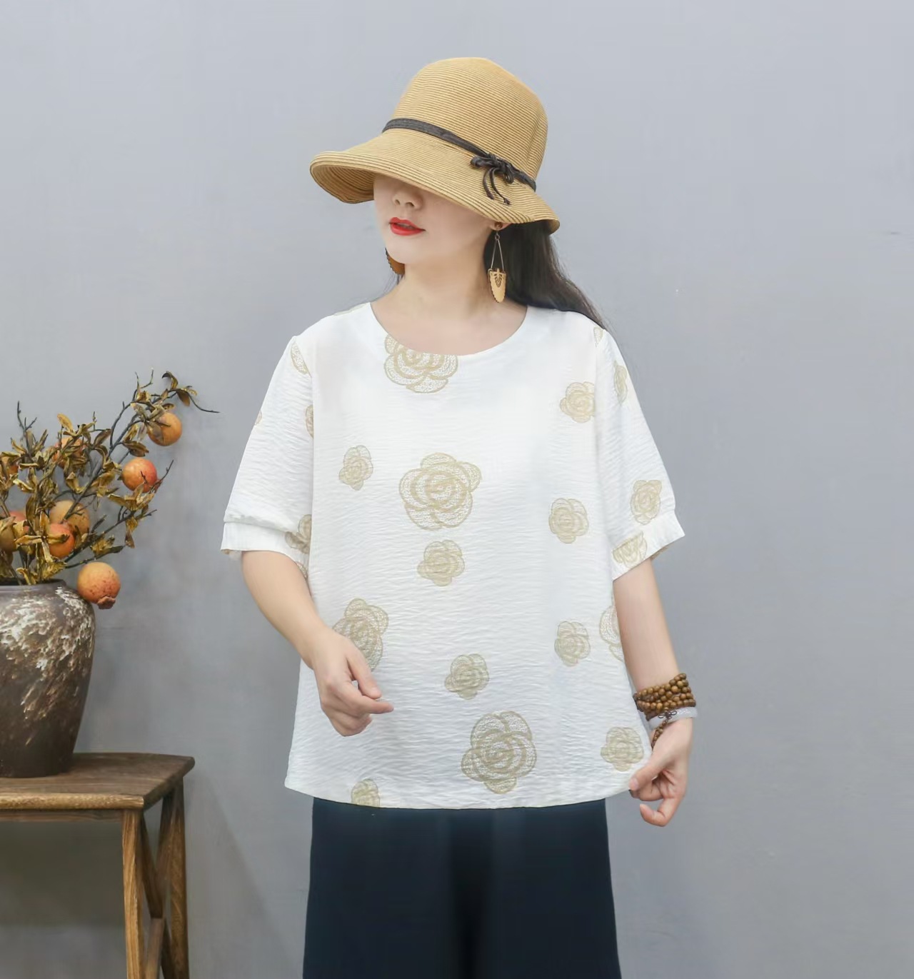 Cross-border nueva camiseta de mujer china impresa camiseta de mujer de manga corta camiseta base de verano overhead cuello redondo artístico ocio image 6