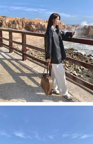 Women's Stylish Collarless Single-Breasted Leather Jacket, Autumn New Loose Fit Universal Fake Leather Biker Jacket Top, Black