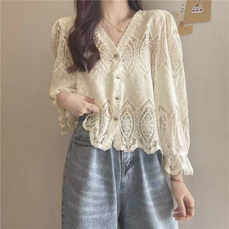 Autumn Outfit Cardigan French Niche Chic Thin Shirt V-neck Stylist Sleeve Lace Top Women's 3189