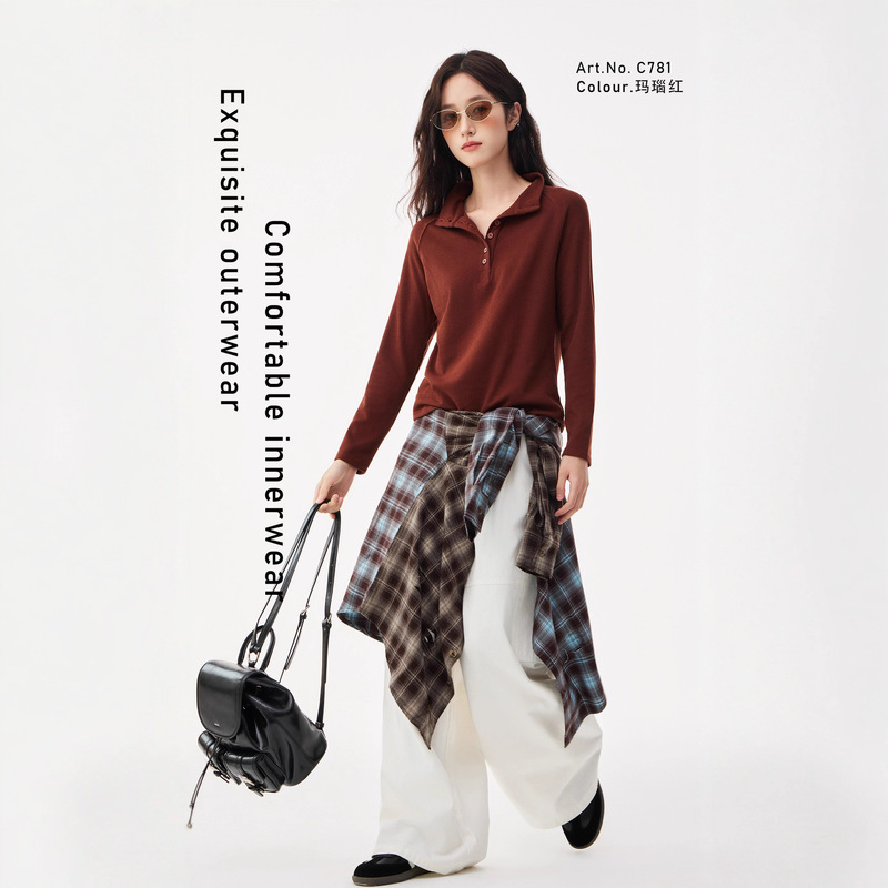 American Retro Long-Sleeved Polo Collar T-Shirt for Women in Autumn and Winter Slim Fit Early Autum Inner Layering Shirt Top