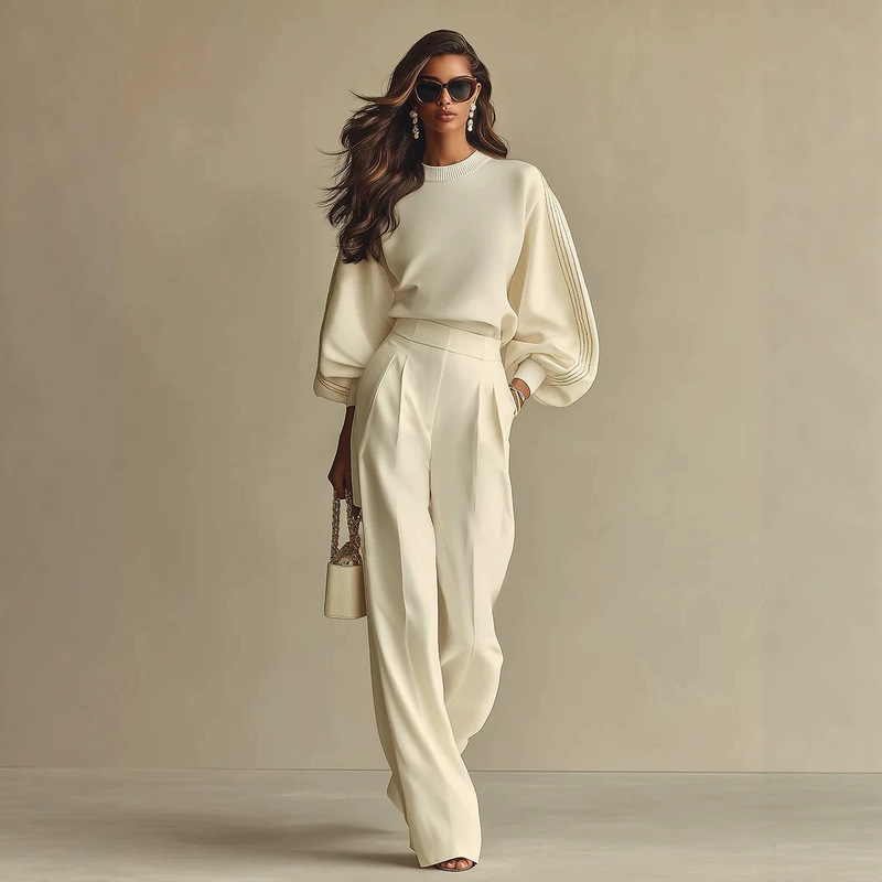 European and American Cross-Border Foreign Trade Women's Clothing French-Style Ribbed Off-White Woven Pullover Top and High-Waisted Wide-Leg Pants Two-Piece Set European and American Cross-Border Foreign Trade Women's Clothing French-Style Ribbed Off-White Woven Pullover Top and High-Waisted Wide-Leg Pants Two-Piece Set