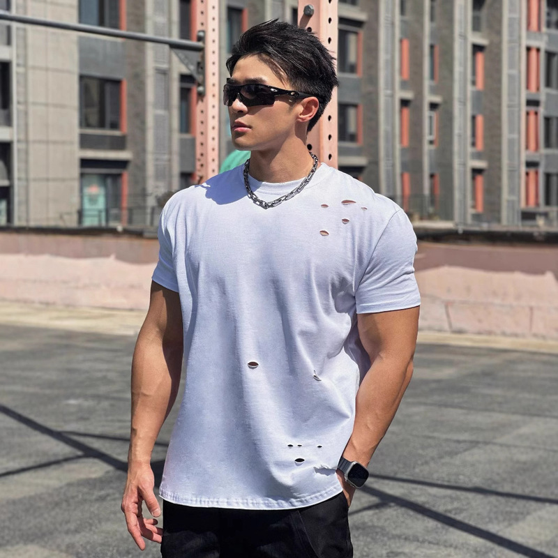Muscle Sports Loose Cotton Fitness Short-sleeved Men's Basketball Autumn Running Training Sports T-shirt Rough Crewneck Muscle Sports Loose Cotton Fitness Short-sleeved Men's Basketball Autumn Running Training Sports T-shirt Rough Crewneck