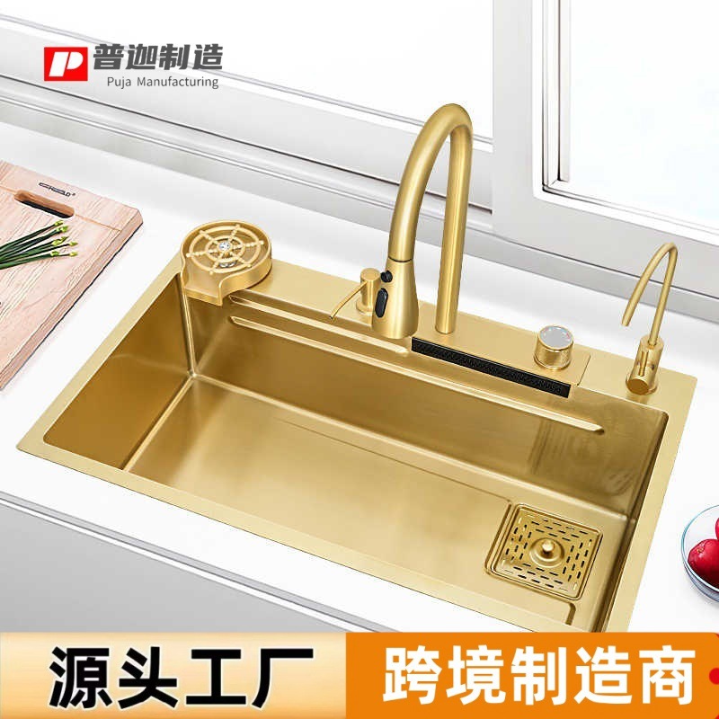 Cocina de lluvia volante cascada fregadero gran fregadero de un solo tanque grueso 304 acero inoxidable lavabo de platos fregadero doméstico
