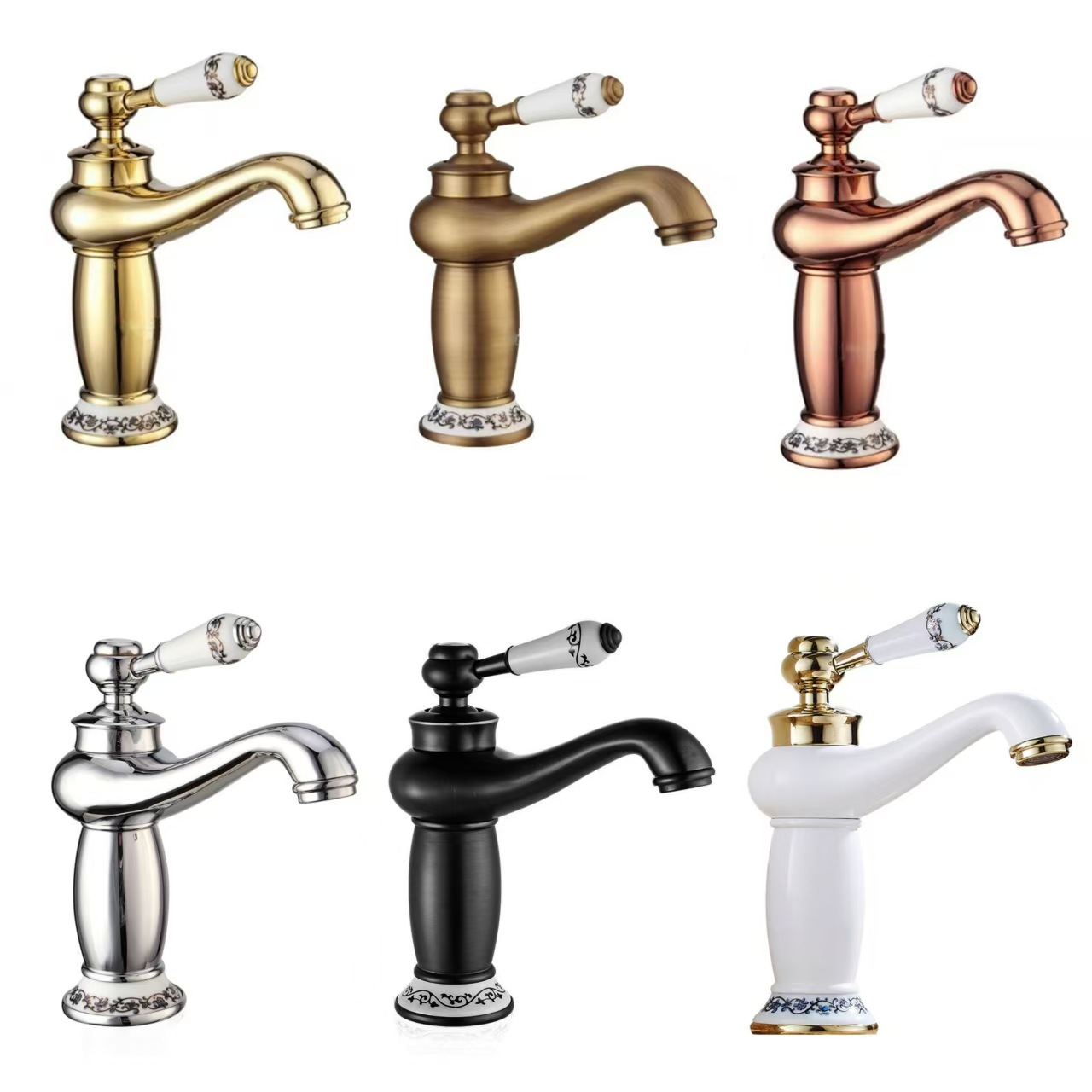 European-style white gold hot and cold faucet full copper bathroom raised blue and white porcelain Magic Lamp under the table basin faucet bathroom