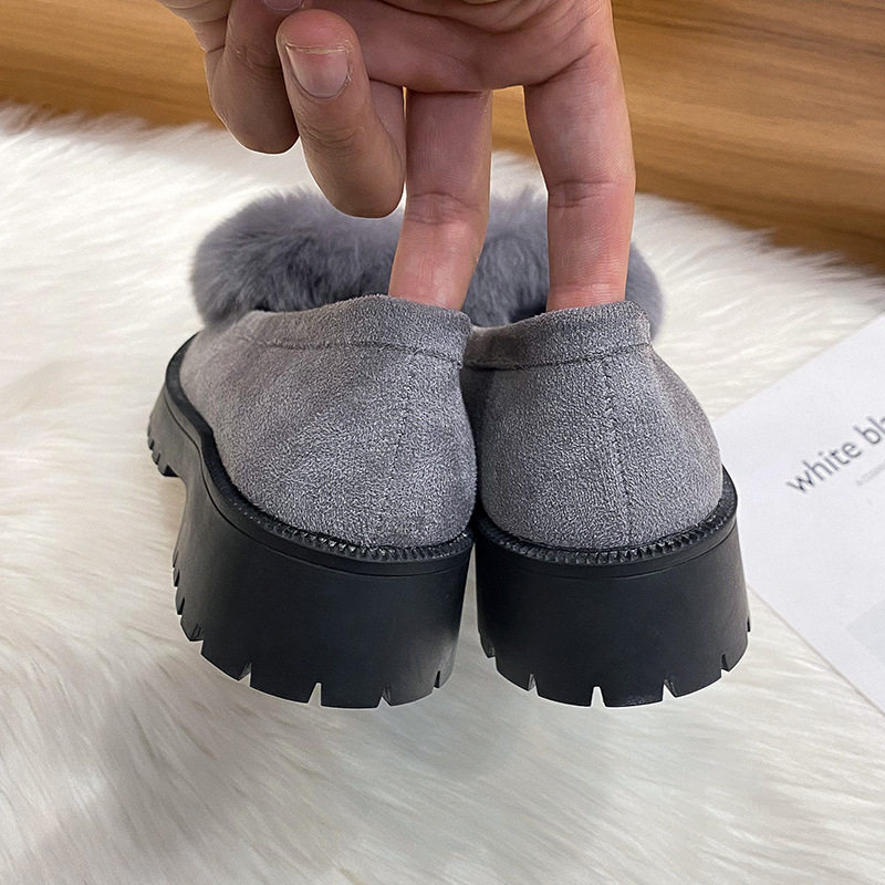 Giày lười nữ đế dày lót lông giữ ấm, giày bông mũi tròn gót 3-5 cm — Màu xám, Màu đen
