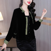 品质保证大码遮肉拼接外套女短款春秋金丝绒高贵洋气桑蚕丝绒衬衫