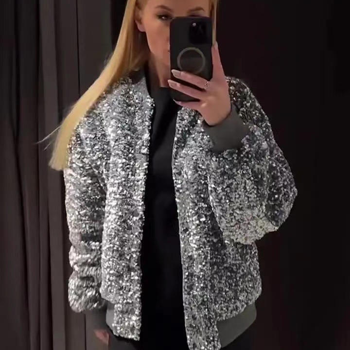 Damenbekleidung Flanell Pailletten Langarm Damenjacke INS_voghion.com