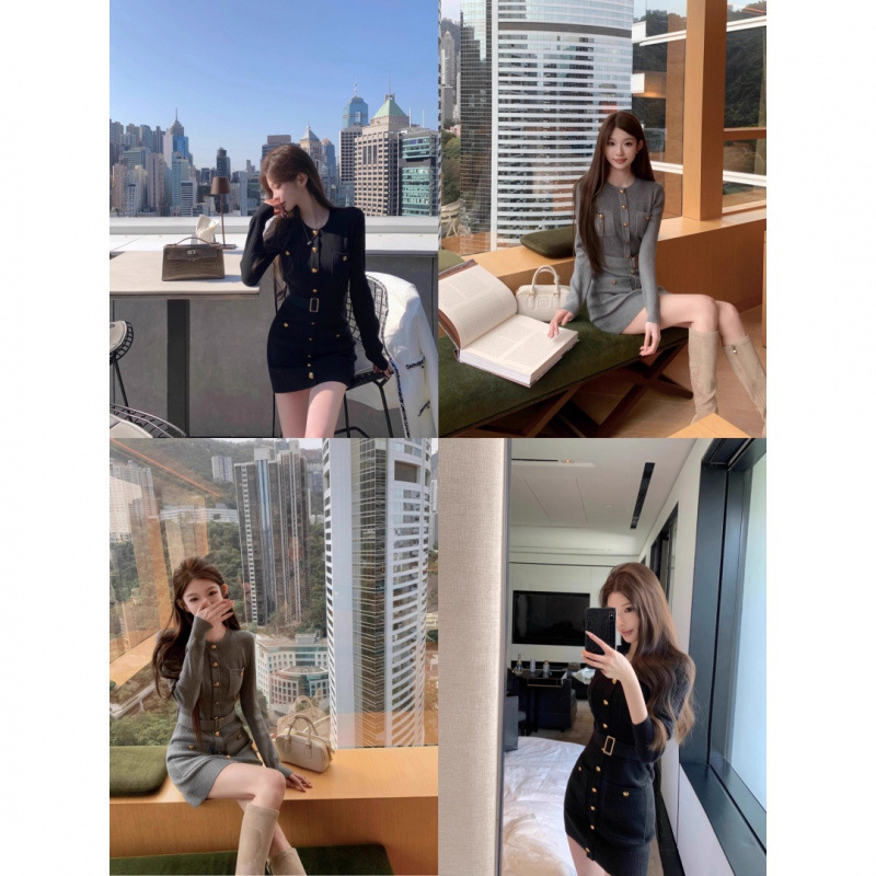 7641韩女曲线修身金扣腰带长袖圆领针织裙秋季新款修身毛衣连衣裙|undefined
