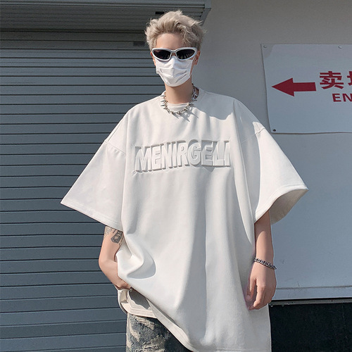 Pink Deer Skin Fleece Short-Sleeve T-Shirt for Men - Summer American Heavyweight Steel Print Retro Base Layer Loose Casual Half-Sleeve Tee