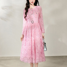 赫本小香风法式轻奢名媛钉珠长袖蕾丝连衣裙少女高级感洋气小礼服