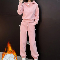 加绒加厚休闲套装女秋冬新款时尚长袖连帽卫衣搭配束脚长裤两件套
