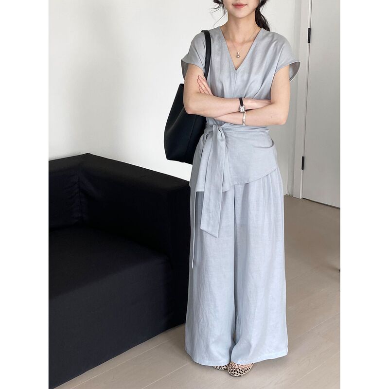 Then the manager suit hemp v-neck strap waist vest small shirt slim wide leg pants two-piece 6066